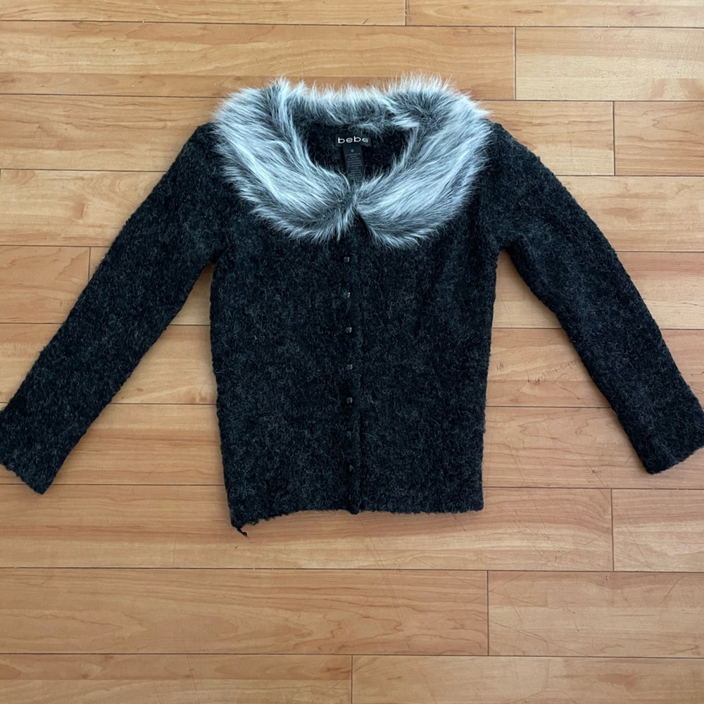 90’s Vintage bebe Faux Fur Collar Cardigan Sweater Medium